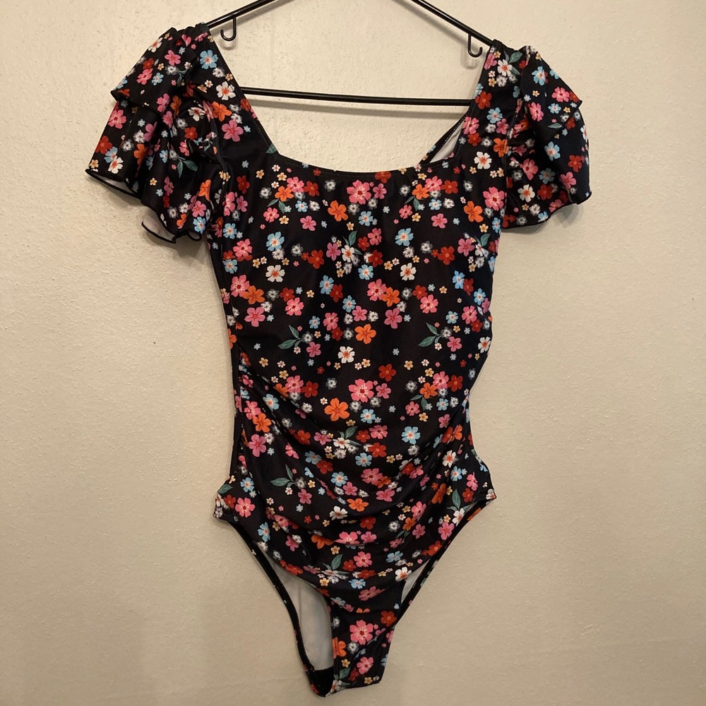 Eomenie One Piece Swimsuit Womens S Black Floral New Ruffle Sleeve Ruched SWIM